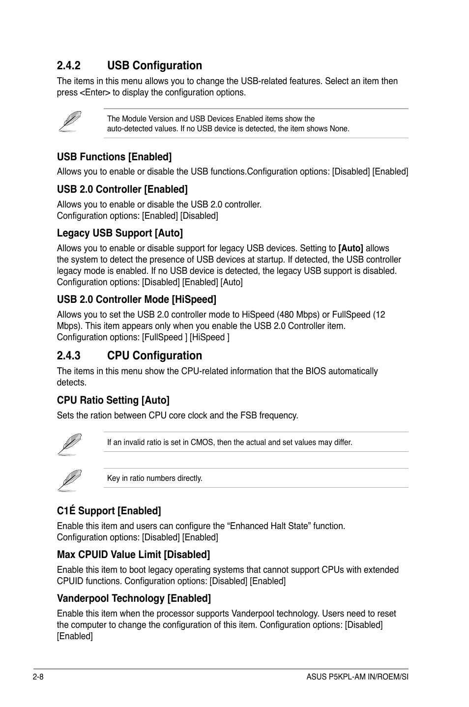 2 usb configuration, 3 cpu configuration, Usb configuration -8 | Cpu configuration -8 | Asus P5KPL-AM IN/ROEM/SI User Manual | Page 32 / 40
