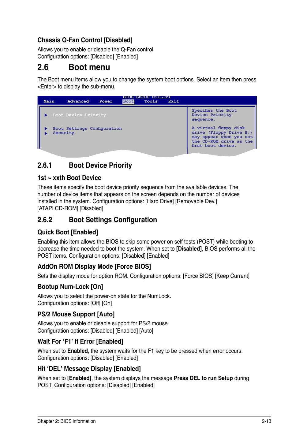 6 boot menu, 1 boot device priority, 2 boot settings configuration | Boot menu -13 2.6.1, Boot device priority -13, Boot settings configuration -13 | Asus P5KPL-AM IN/ROEM/SI User Manual | Page 37 / 40