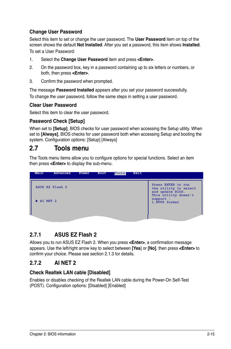 7 tools menu, 1 asus ez flash 2, 2 ai net 2 | Tools menu -15 2.7.1, Asus ez flash 2 -15, Ai net 2 -15 | Asus P5KPL-AM IN/ROEM/SI User Manual | Page 39 / 40