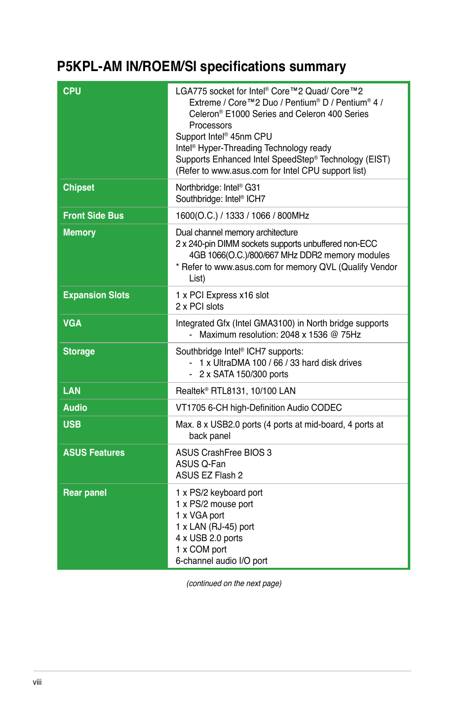 P5kpl-am in/roem/si specifications summary | Asus P5KPL-AM IN/ROEM/SI User Manual | Page 8 / 40