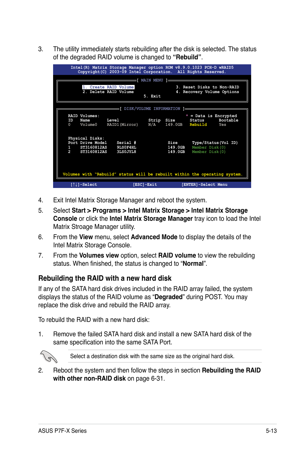 Rebuilding the raid with a new hard disk | Asus P7F-X SATA User Manual | Page 109 / 136