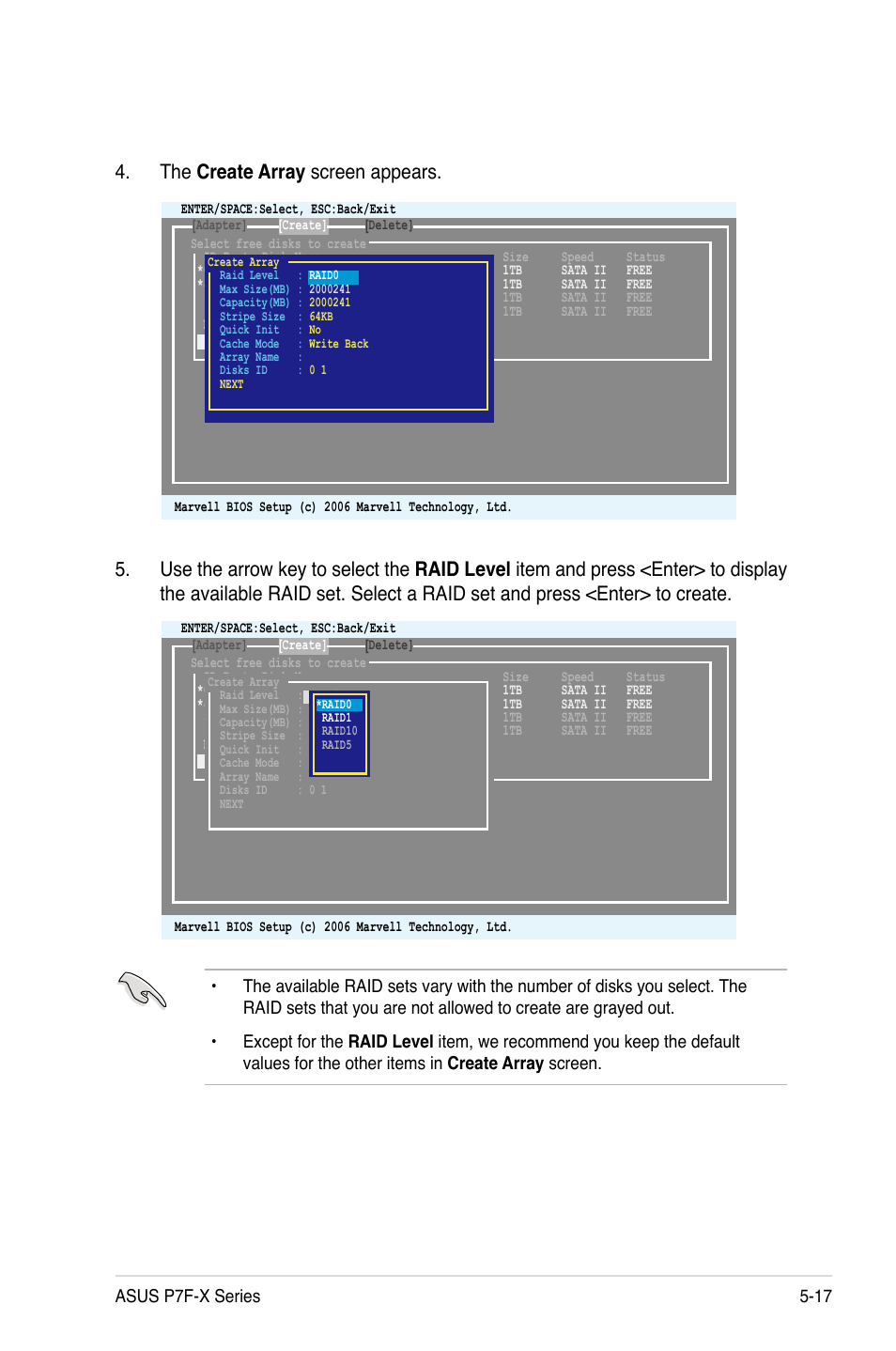The create array screen appears, Asus p7f-x series 5-17 | Asus P7F-X SATA User Manual | Page 113 / 136