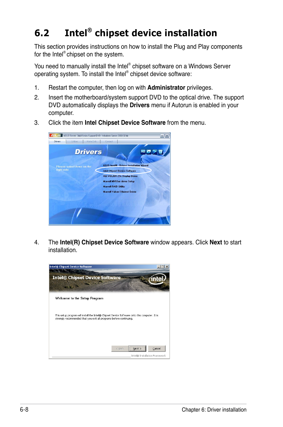 2 intel, Chipset device installation | Asus P7F-X SATA User Manual | Page 124 / 136