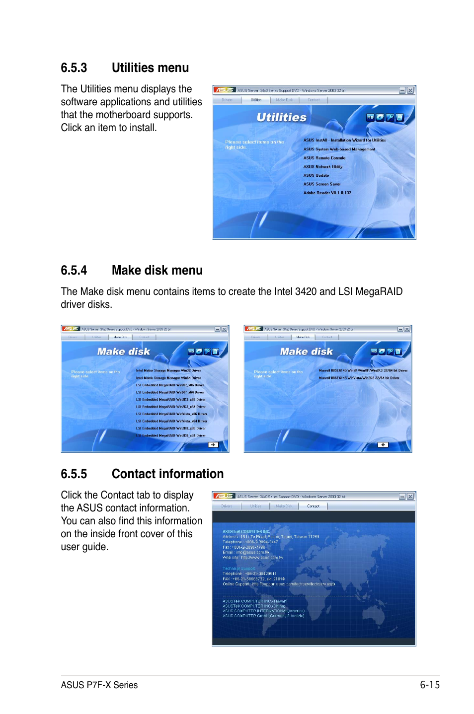 3 utilities menu, 4 make disk menu, 5 contact information | Asus P7F-X SATA User Manual | Page 131 / 136