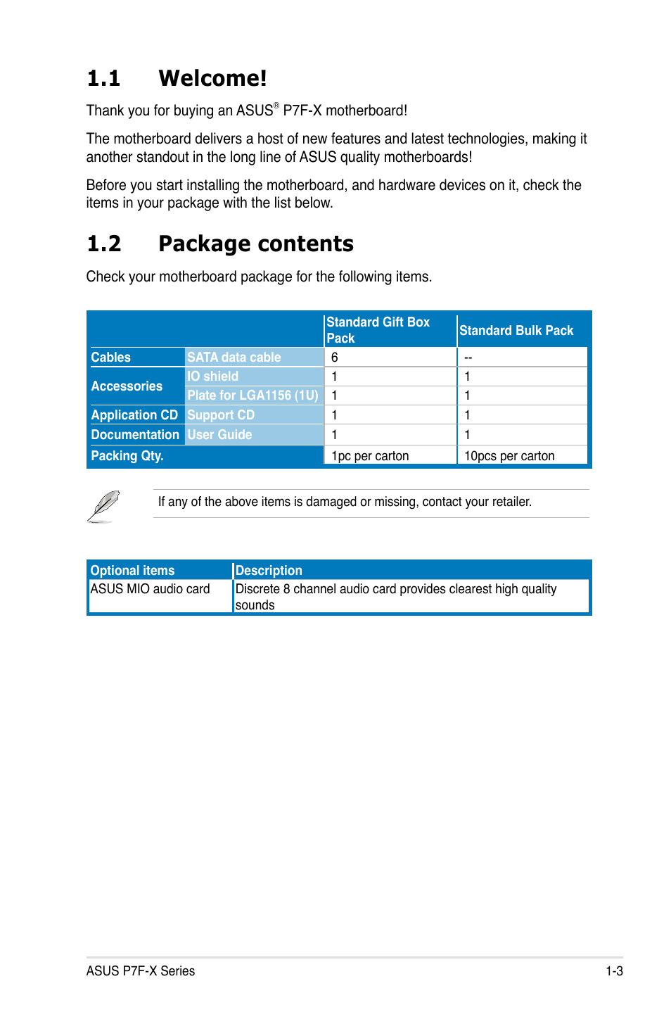 1 welcome, 2 package contents | Asus P7F-X SATA User Manual | Page 15 / 136