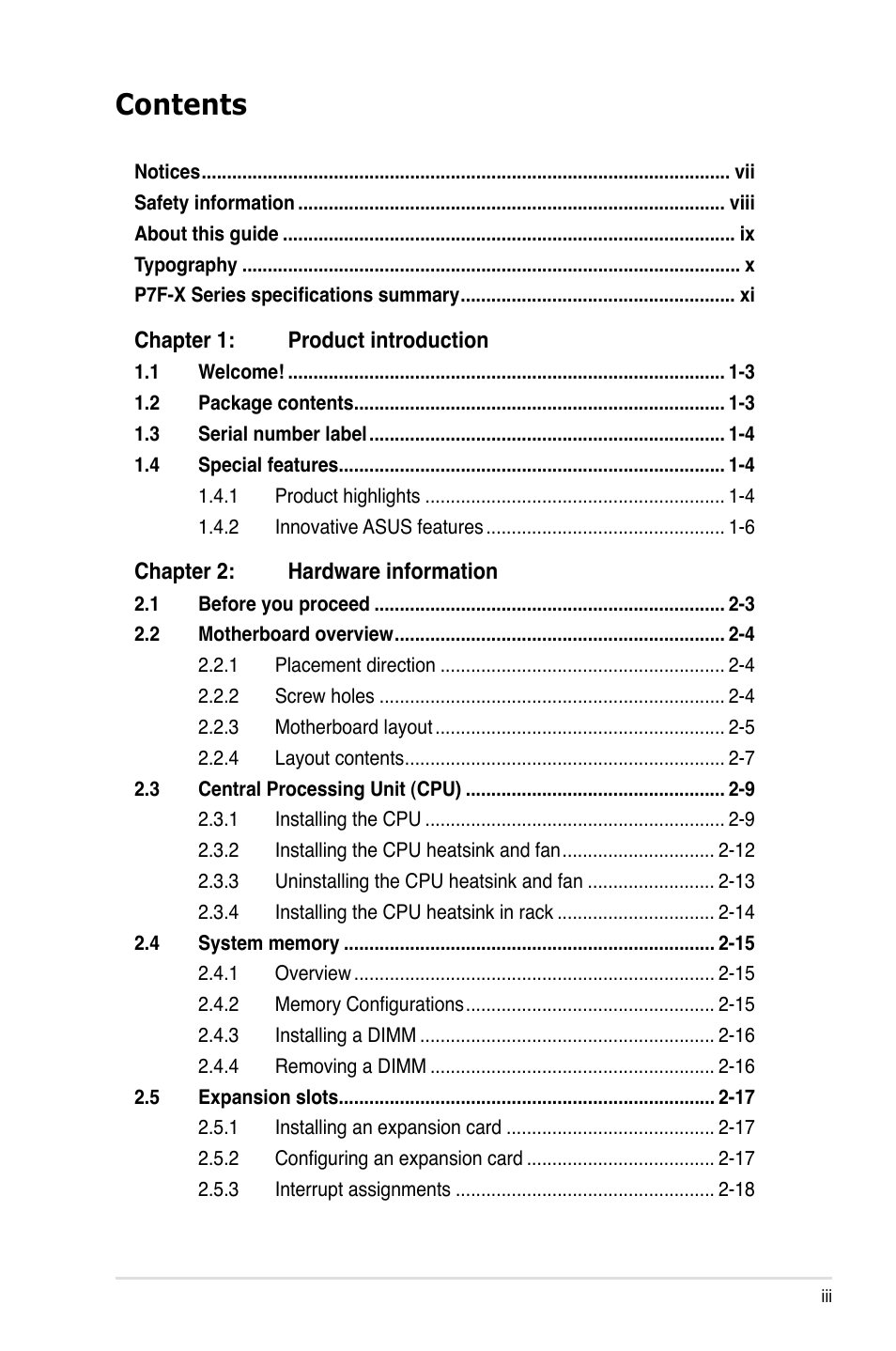Asus P7F-X SATA User Manual | Page 3 / 136