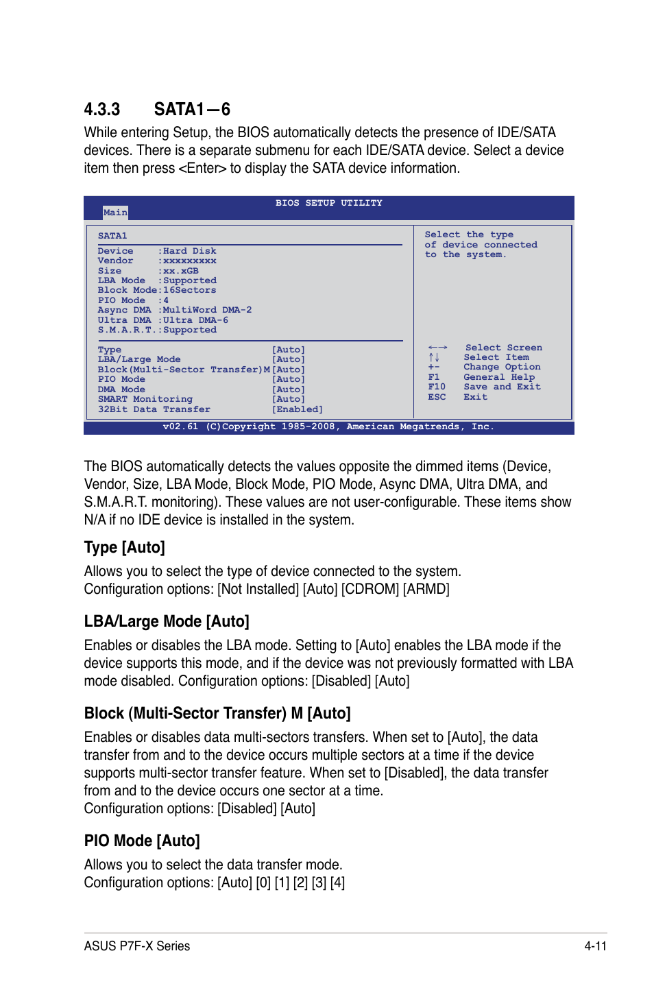 3 sata1—6, Type [auto, Lba/large mode [auto | Block (multi-sector transfer) m [auto, Pio mode [auto | Asus P7F-X SATA User Manual | Page 67 / 136