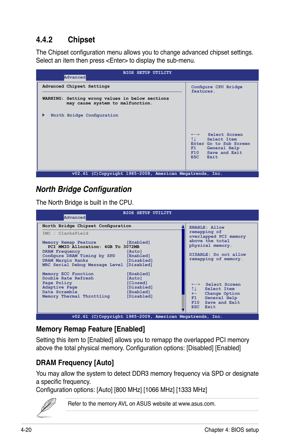 2 chipset, North bridge configuration, Dram frequency [auto | The north bridge is built in the cpu, 20 chapter 4: bios setup | Asus P7F-X SATA User Manual | Page 76 / 136