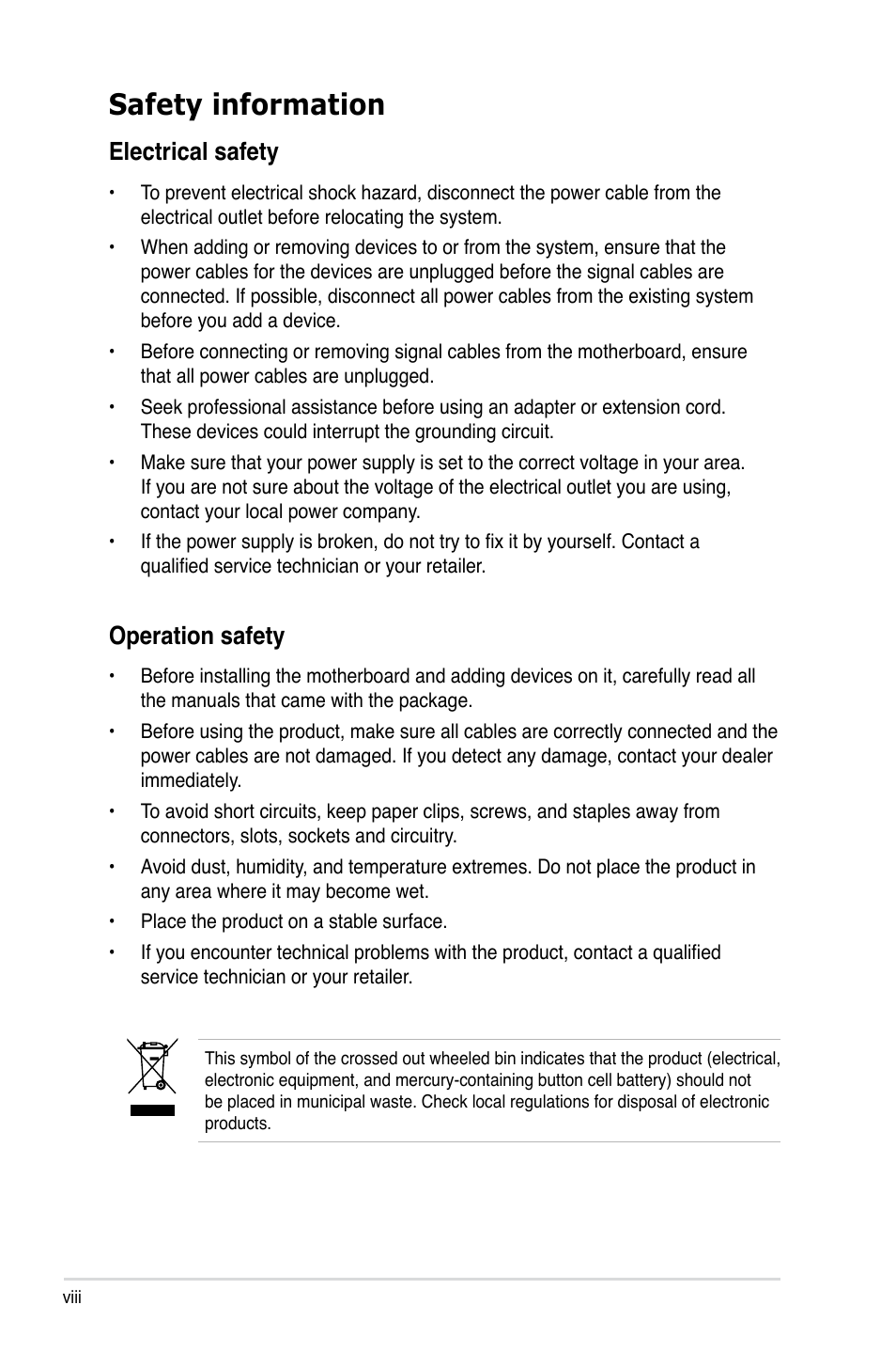Safety information, Electrical safety, Operation safety | Asus P7F-X SATA User Manual | Page 8 / 136