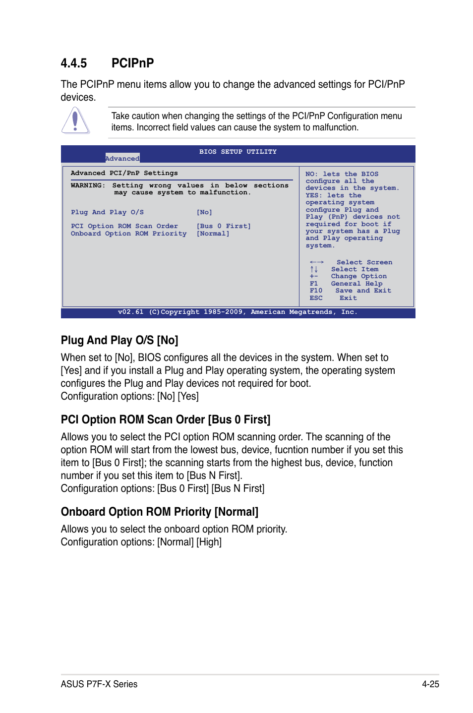 5 pcipnp, Plug and play o/s [no, Pci option rom scan order [bus 0 first | Onboard option rom priority [normal | Asus P7F-X SATA User Manual | Page 81 / 136