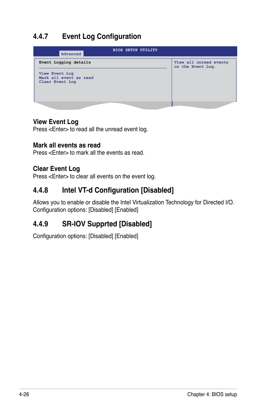 7 event log configuration, 8 intel vt-d configuration [disabled, 9 sr-iov supprted [disabled | View event log, Mark all events as read, Clear event log | Asus P7F-X SATA User Manual | Page 84 / 136