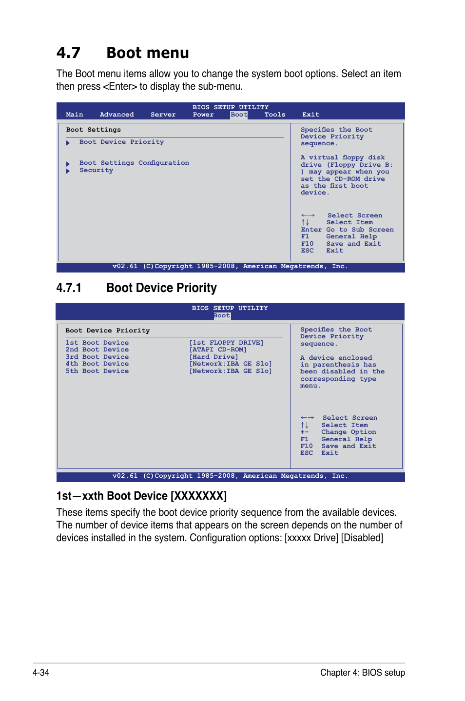 7 boot menu, 1 boot device priority, 34 chapter 4: bios setup | Asus P7F-X SATA User Manual | Page 90 / 136