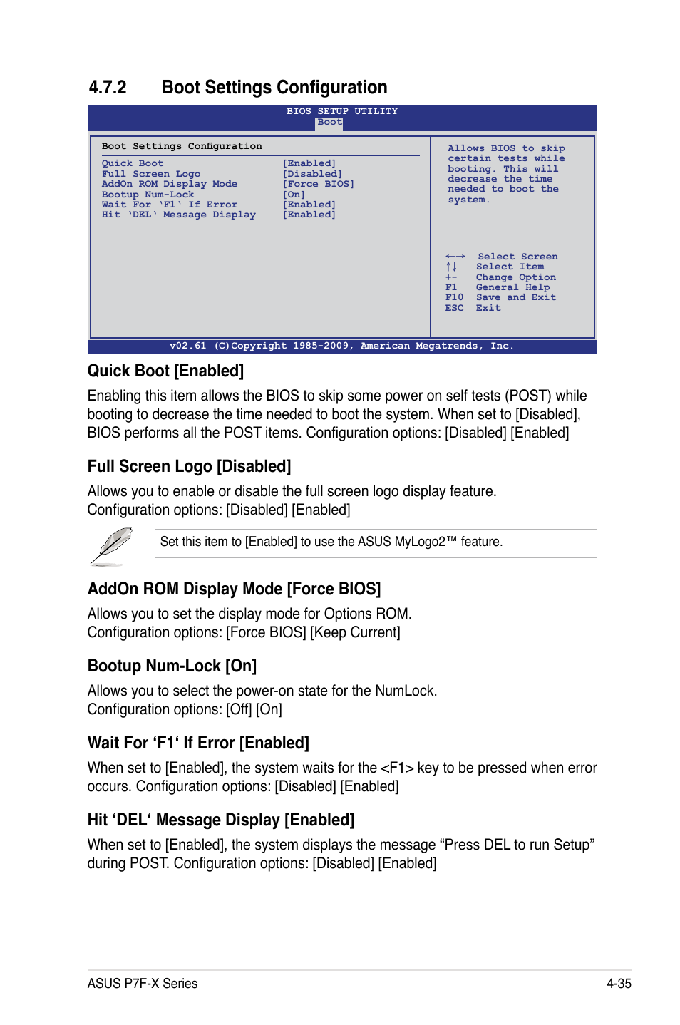 2 boot settings configuration, Quick boot [enabled, Full screen logo [disabled | Addon rom display mode [force bios, Bootup num-lock [on, Wait for ‘f1‘ if error [enabled, Hit ‘del‘ message display [enabled | Asus P7F-X SATA User Manual | Page 91 / 136