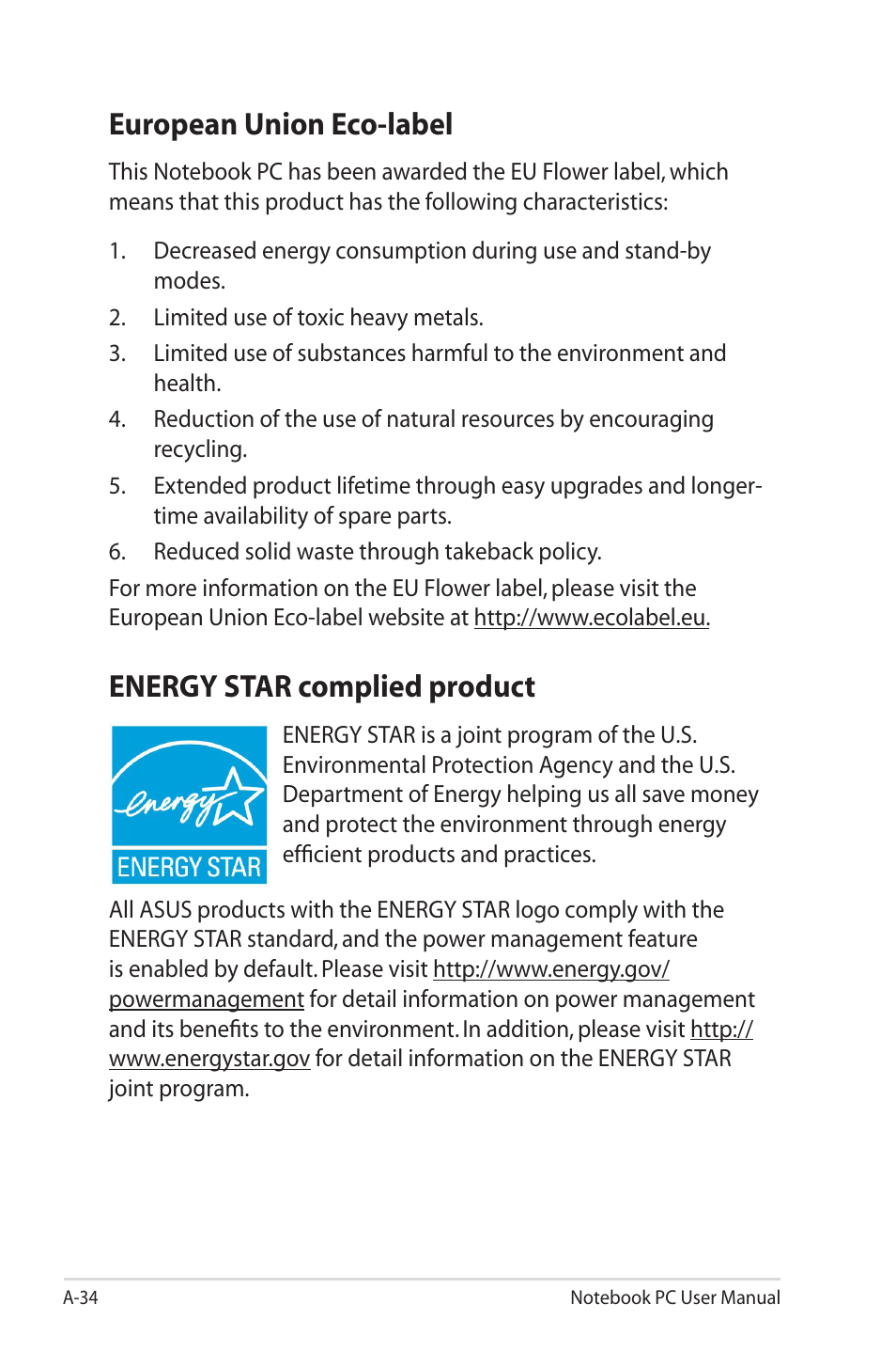 European union eco-label, Energy star complied product | Asus N73Jn User Manual | Page 106 / 112