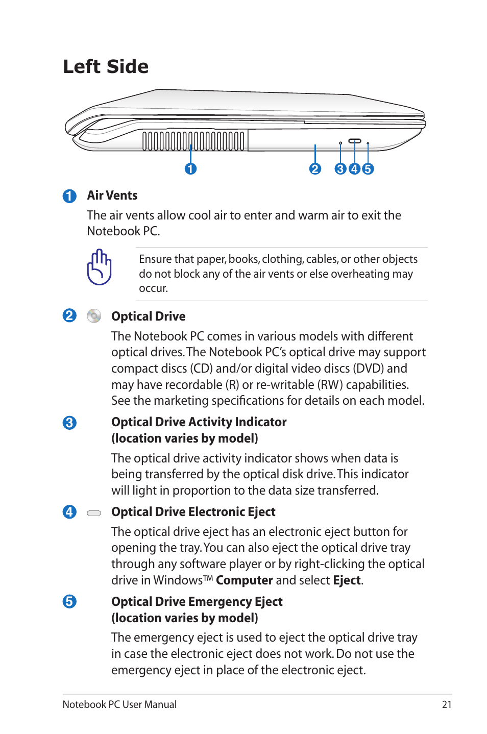 Left side | Asus N73Jn User Manual | Page 21 / 112