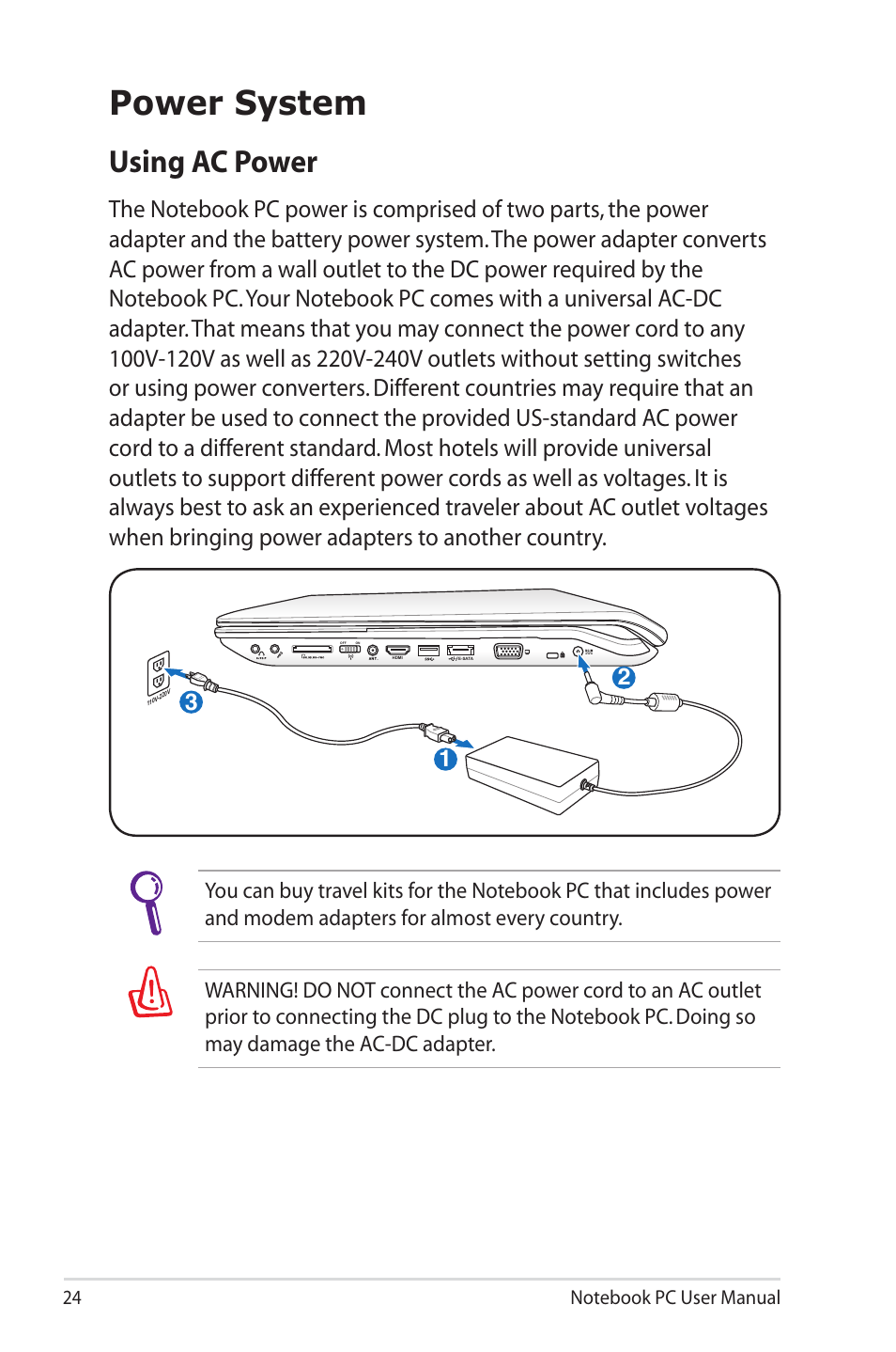 Power system, Using ac power | Asus N73Jn User Manual | Page 24 / 112