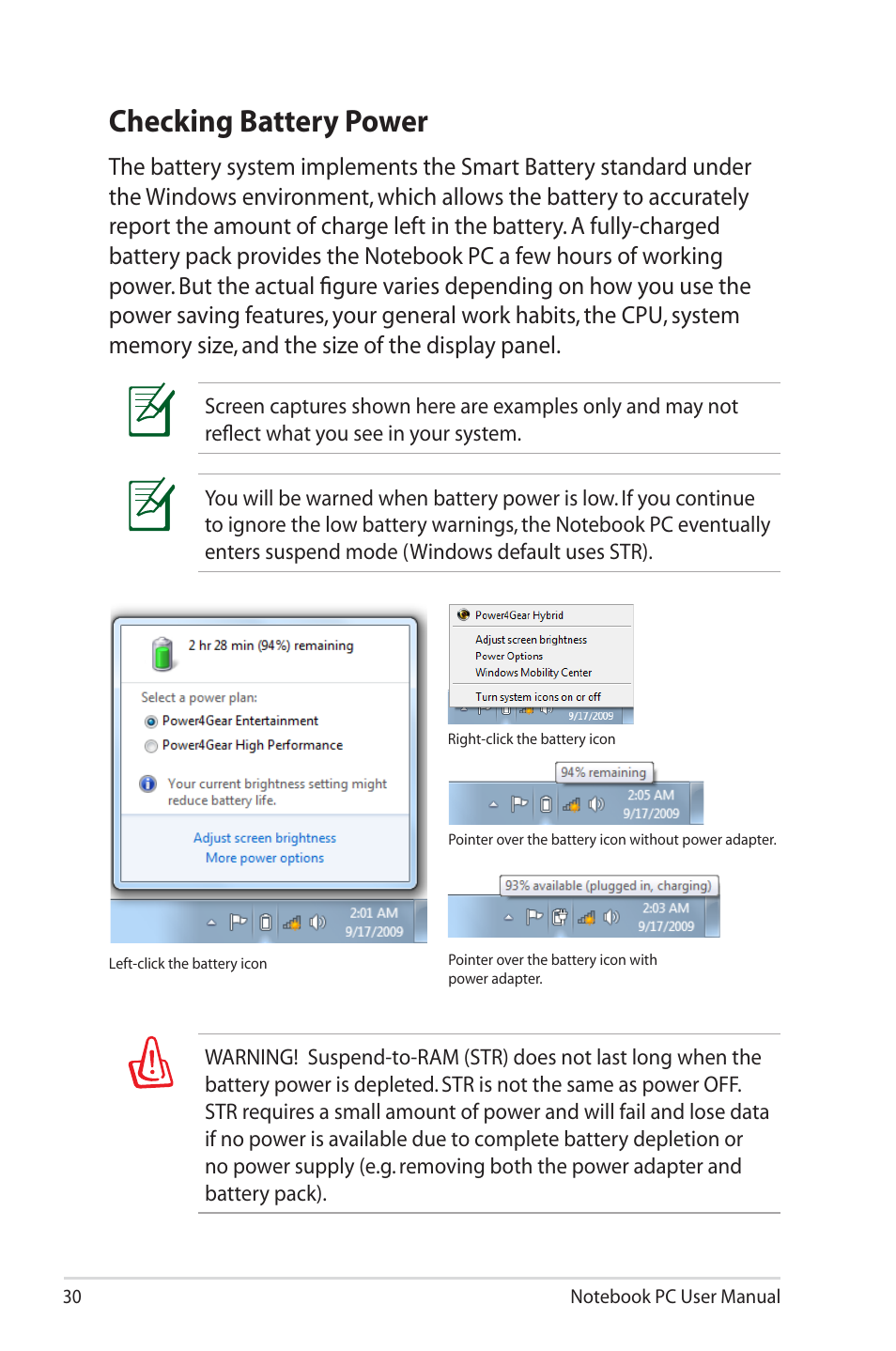 Checking battery power | Asus N73Jn User Manual | Page 30 / 112