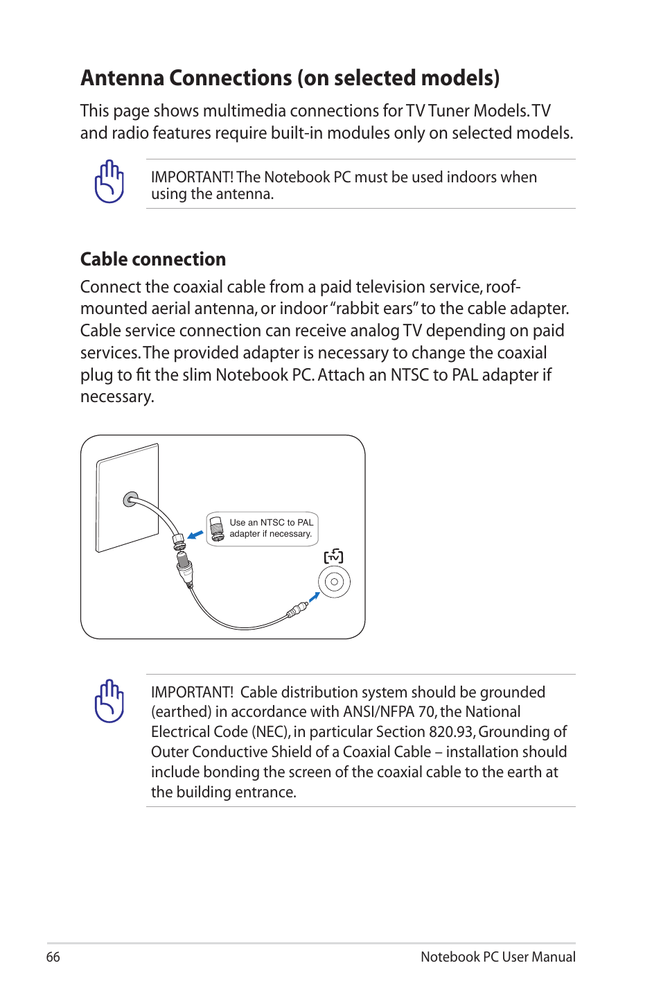 Antenna connections (on selected models), Cable connection | Asus N73Jn User Manual | Page 66 / 112