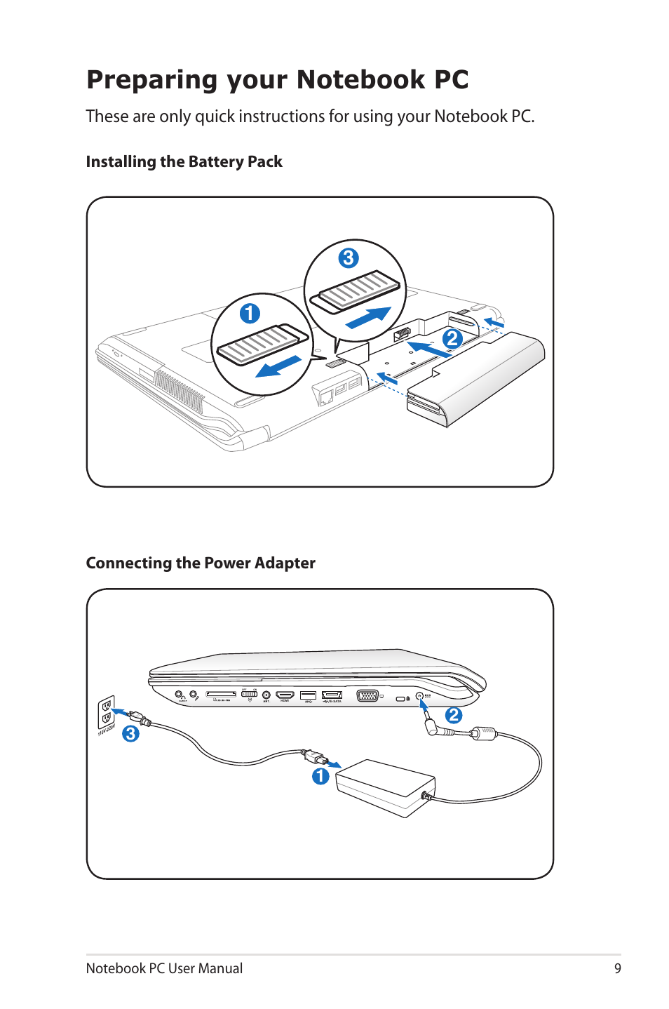 Preparing your notebook pc | Asus N73Jn User Manual | Page 9 / 112