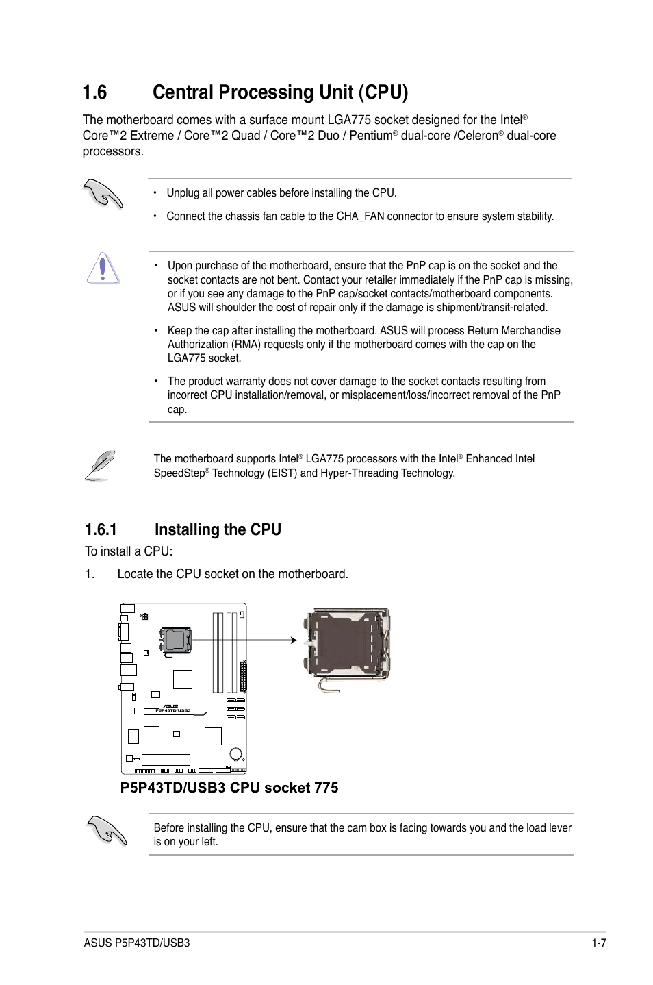 6 central processing unit (cpu), 1 installing the cpu, Central processing unit (cpu) -7 1.6.1 | Installing the cpu -7 | Asus P5P43TD/USB3 User Manual | Page 17 / 64