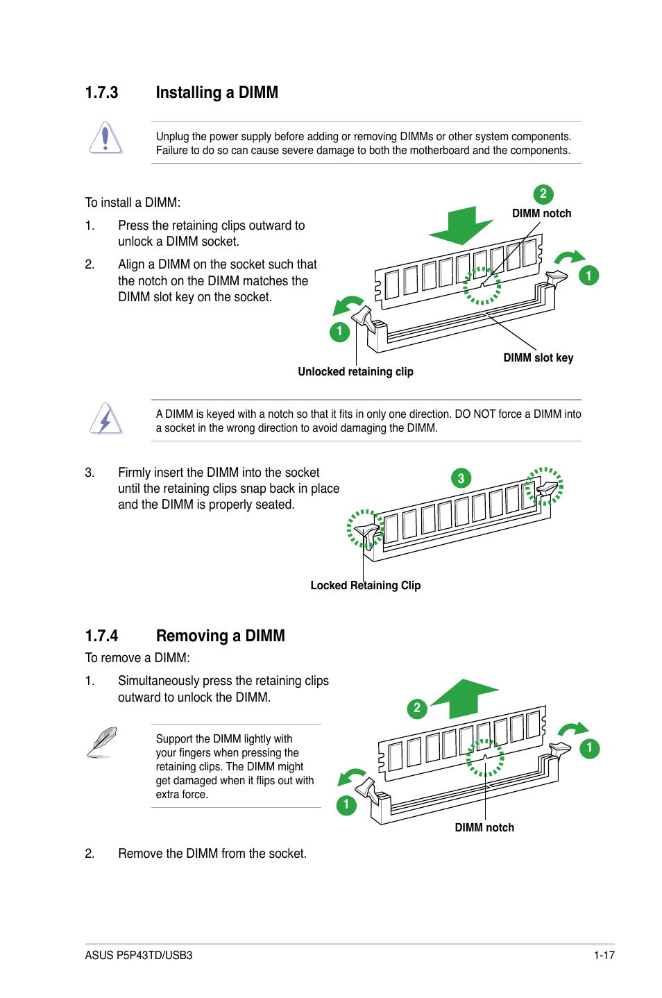 3 installing a dimm, 4 removing a dimm, Installing a dimm -17 | Removing a dimm -17 | Asus P5P43TD/USB3 User Manual | Page 27 / 64