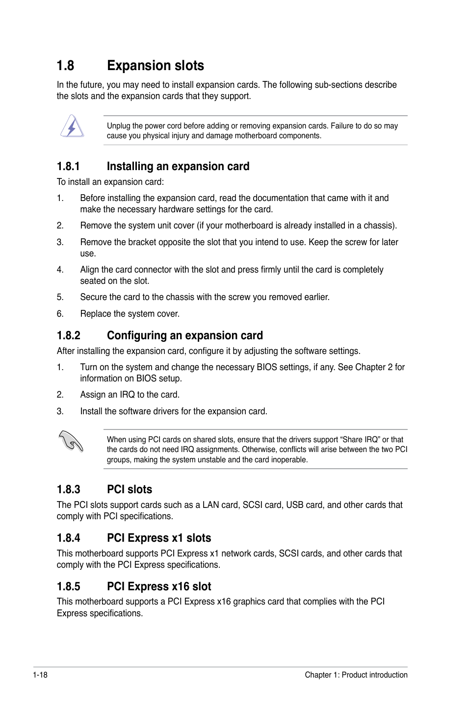 8 expansion slots, 1 installing an expansion card, 2 configuring an expansion card | 3 pci slots, 4 pci express x1 slots, 5 pci express x16 slot, Expansion slots -18 1.8.1, Installing an expansion card -18, Configuring an expansion card -18, Pci slots -18 | Asus P5P43TD/USB3 User Manual | Page 28 / 64