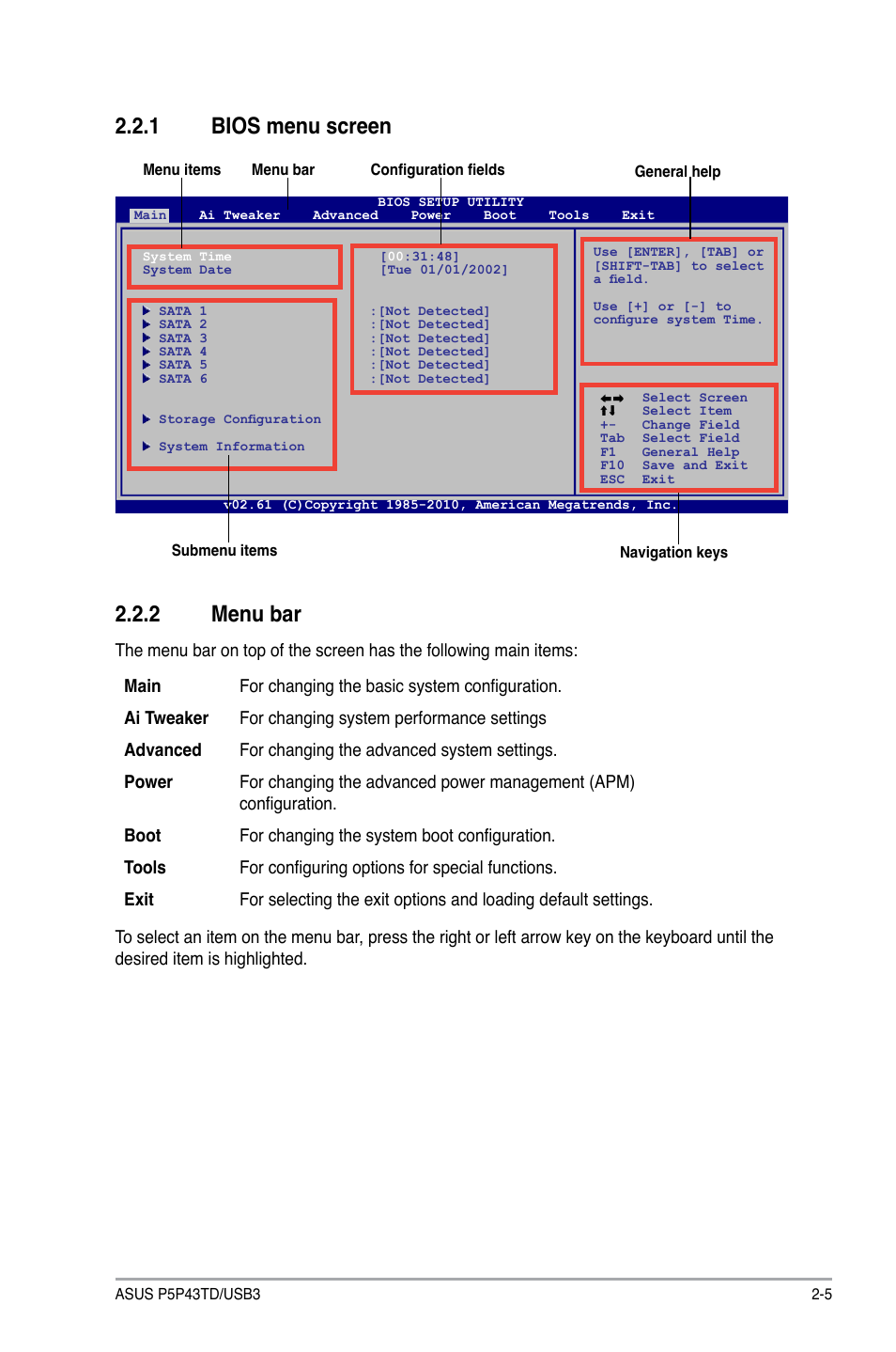 1 bios menu screen, 2 menu bar, Bios menu screen -5 | Menu bar -5 | Asus P5P43TD/USB3 User Manual | Page 43 / 64