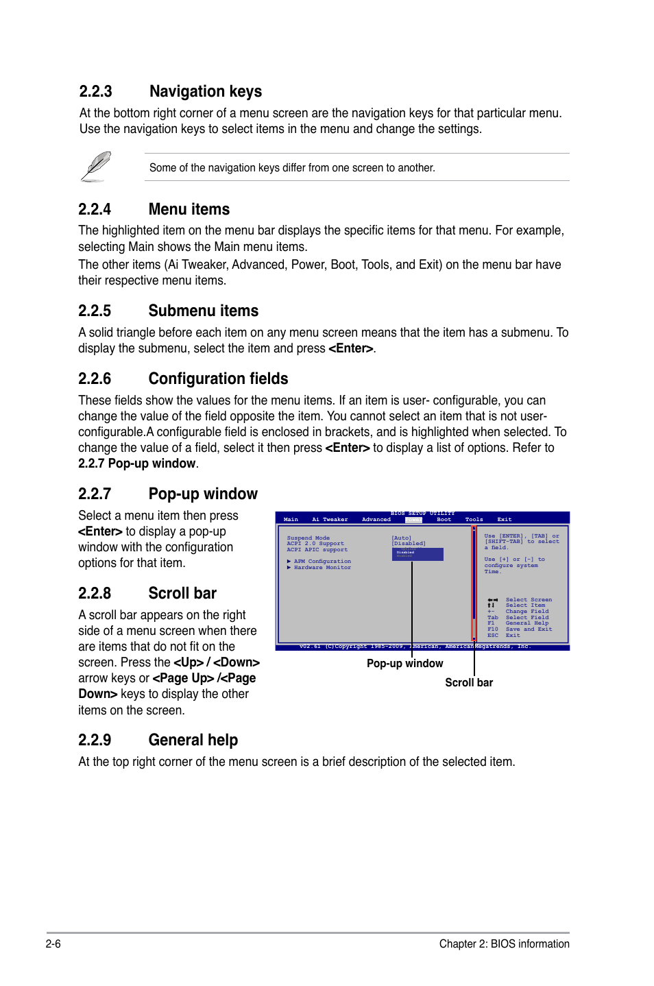 3 navigation keys, 4 menu items, 5 submenu items | 6 configuration fields, 7 pop-up window, 8 scroll bar, 9 general help, Navigation keys -6, Menu items -6, Submenu items -6 | Asus P5P43TD/USB3 User Manual | Page 44 / 64