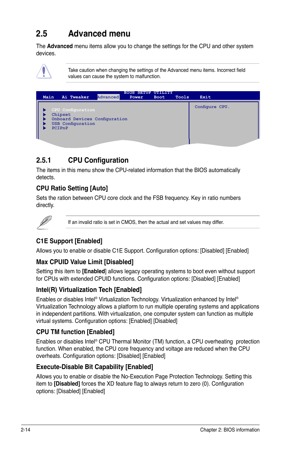 5 advanced menu, 1 cpu configuration, Advanced menu -14 2.5.1 | Cpu configuration -14 | Asus P5P43TD/USB3 User Manual | Page 52 / 64