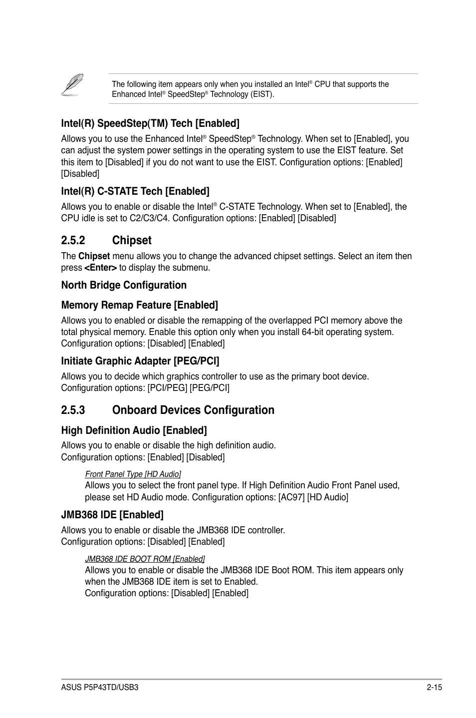 2 chipset, 3 onboard devices configuration, Chipset -15 | Onboard devices configuration -15 | Asus P5P43TD/USB3 User Manual | Page 53 / 64