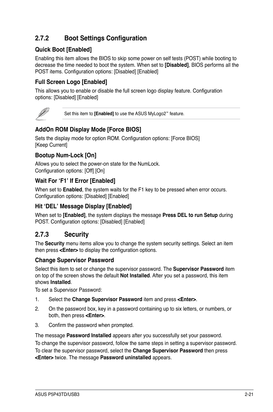 2 boot settings configuration, 3 security, Boot settings configuration -21 | Security -21 | Asus P5P43TD/USB3 User Manual | Page 59 / 64