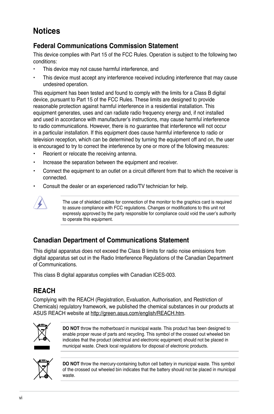 Notices, Federal communications commission statement, Canadian department of communications statement | Reach | Asus P5P43TD/USB3 User Manual | Page 6 / 64