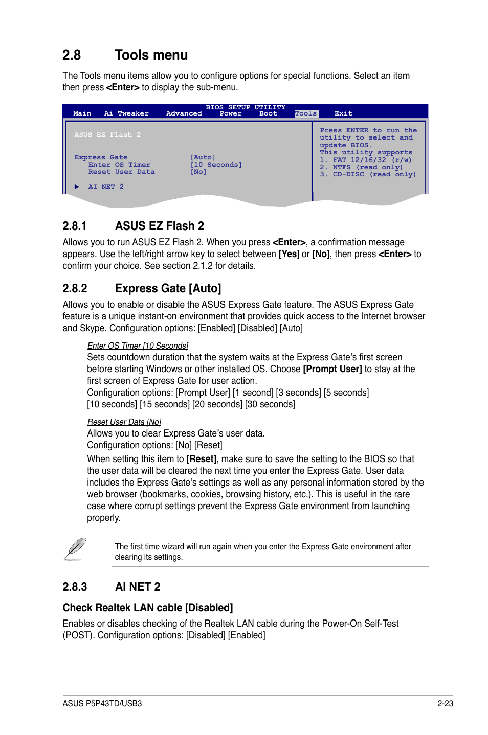 8 tools menu, 1 asus ez flash 2, 2 express gate | 3 ai net 2, Tools menu -23 2.8.1, Asus ez flash 2 -23, Express gate -23, Ai net 2 -23, 2 express gate [auto | Asus P5P43TD/USB3 User Manual | Page 61 / 64