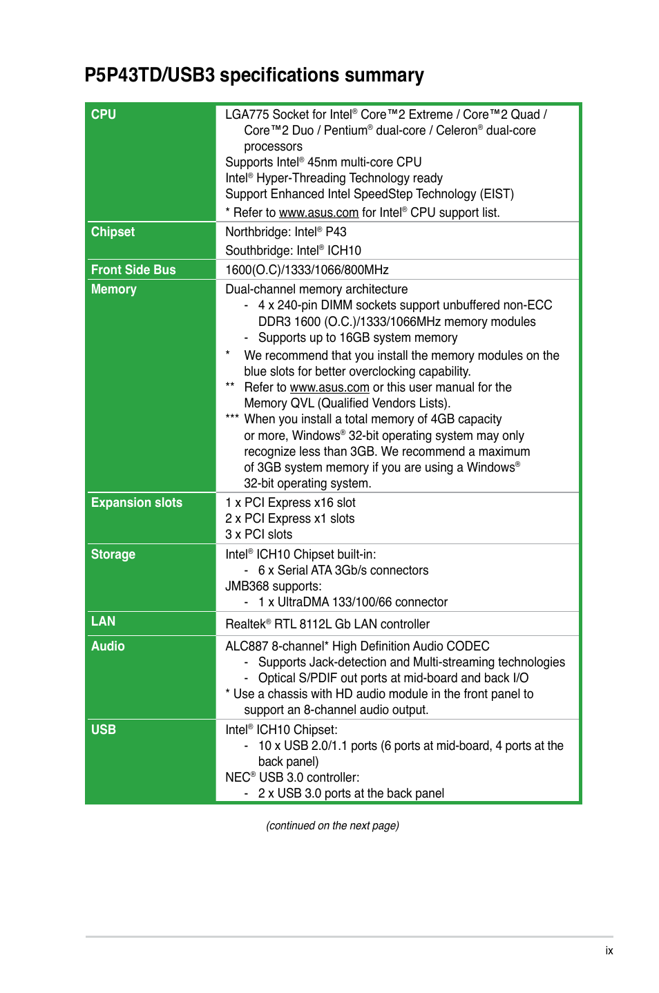 P5p43td/usb3 specifications summary | Asus P5P43TD/USB3 User Manual | Page 9 / 64