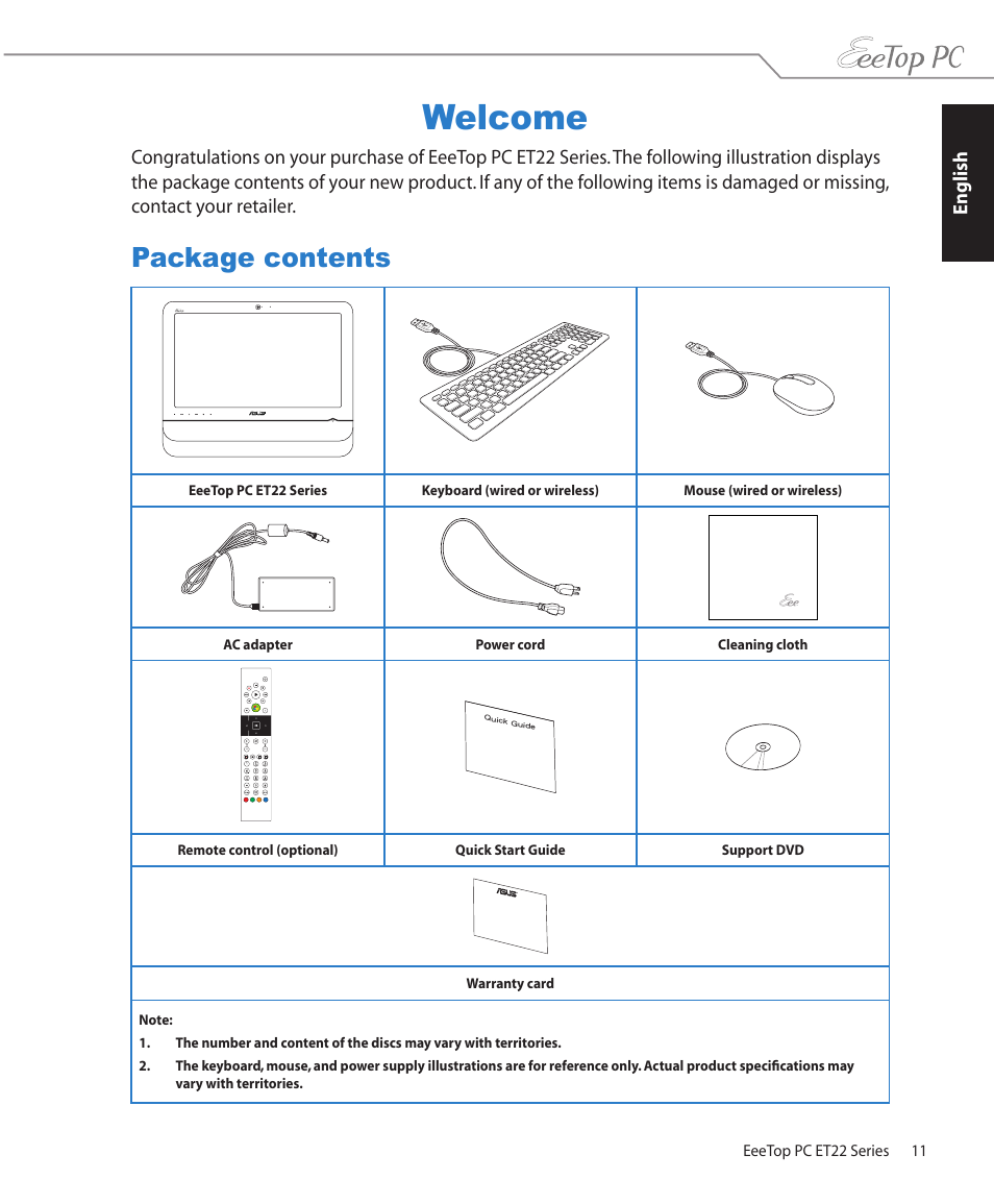 Welcome, Package contents | Asus ET2203T User Manual | Page 11 / 36