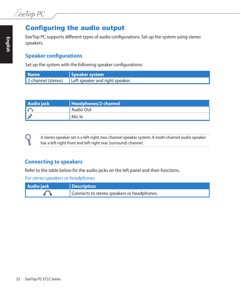 Configuring the audio output, Speaker configurations, Connecting to speakers | Speaker configurations connecting to speakers | Asus ET2203T User Manual | Page 32 / 36