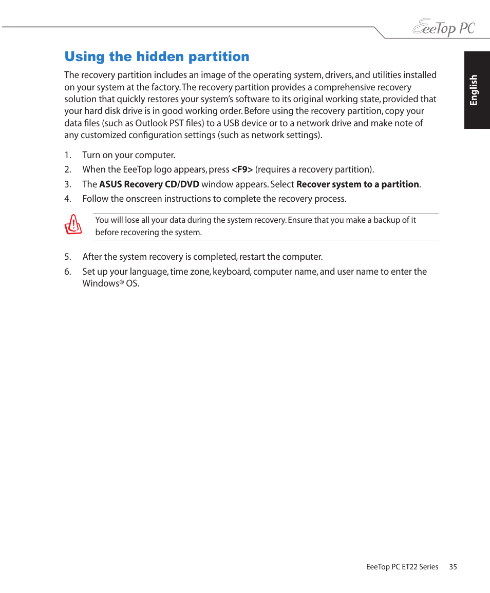 Using the hidden partition | Asus ET2203T User Manual | Page 35 / 36