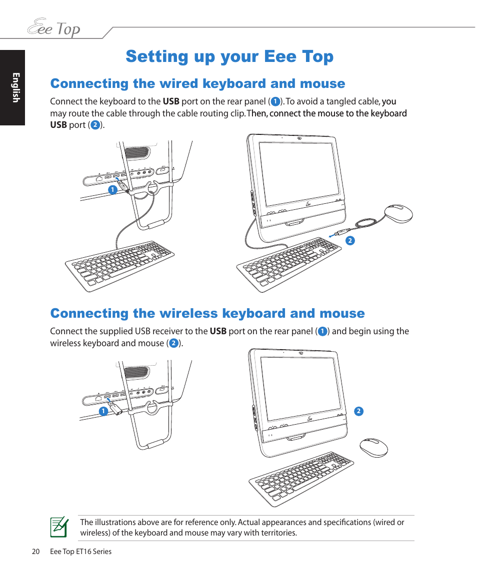 Setting up your eee top, Connecting the wired keyboard and mouse, Connecting the wireless keyboard and mouse | Asus ET1602 User Manual | Page 20 / 34