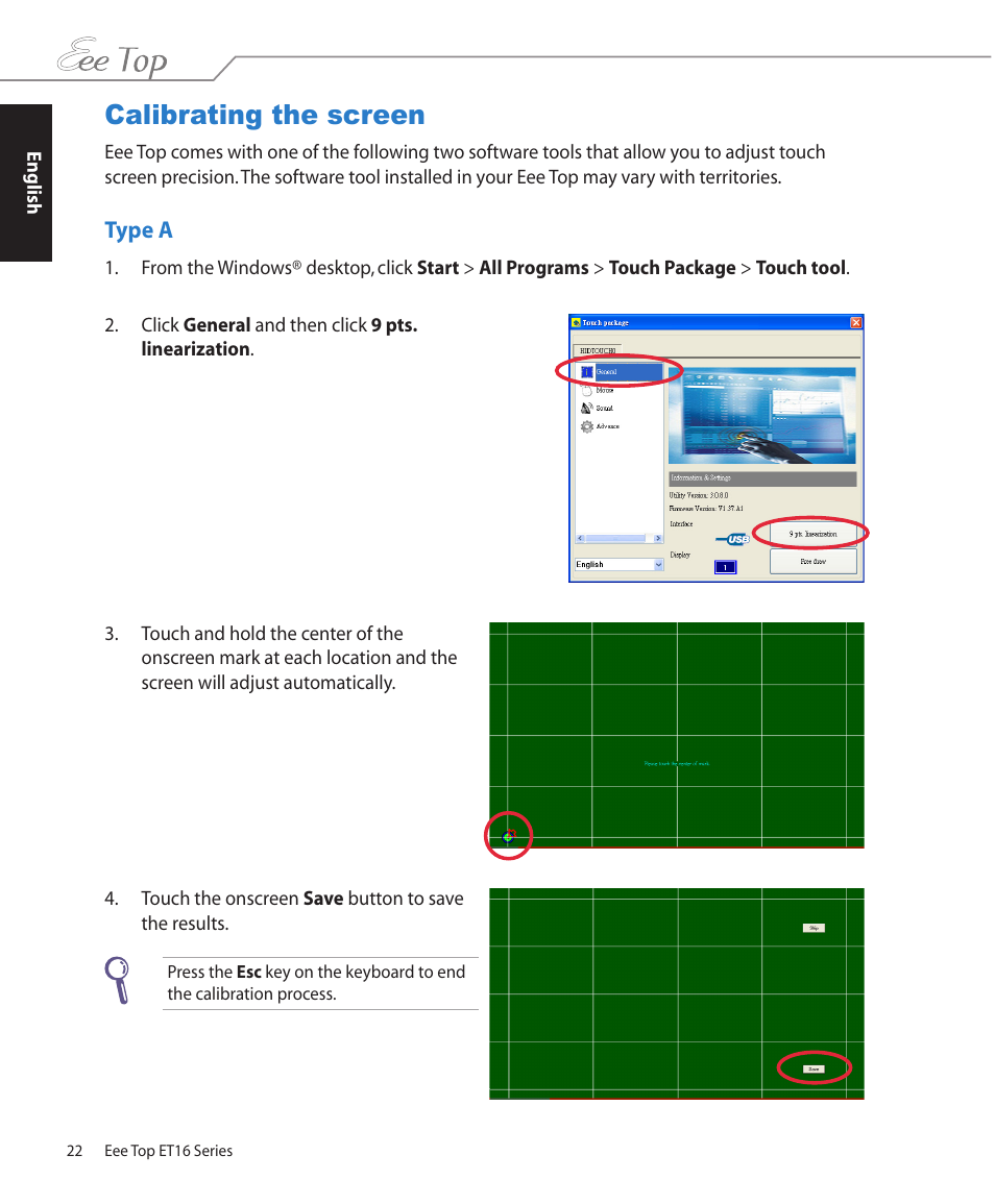 Calibrating the screen, Type a | Asus ET1602 User Manual | Page 22 / 34