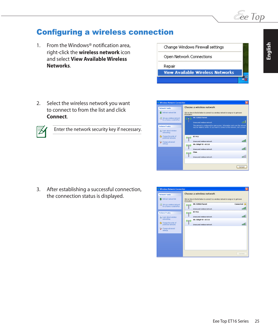 Configuring a wireless connection | Asus ET1602 User Manual | Page 25 / 34