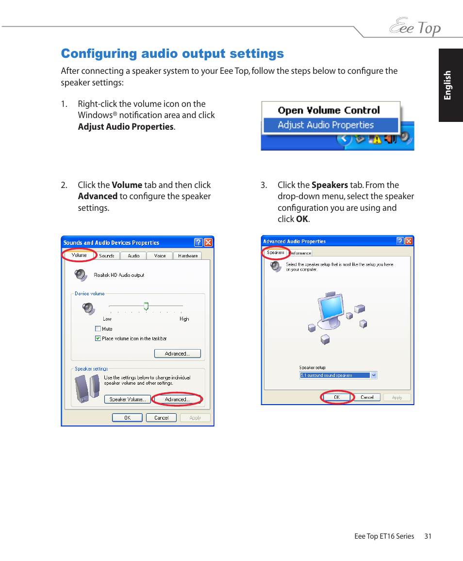 Configuring audio output settings | Asus ET1602 User Manual | Page 31 / 34
