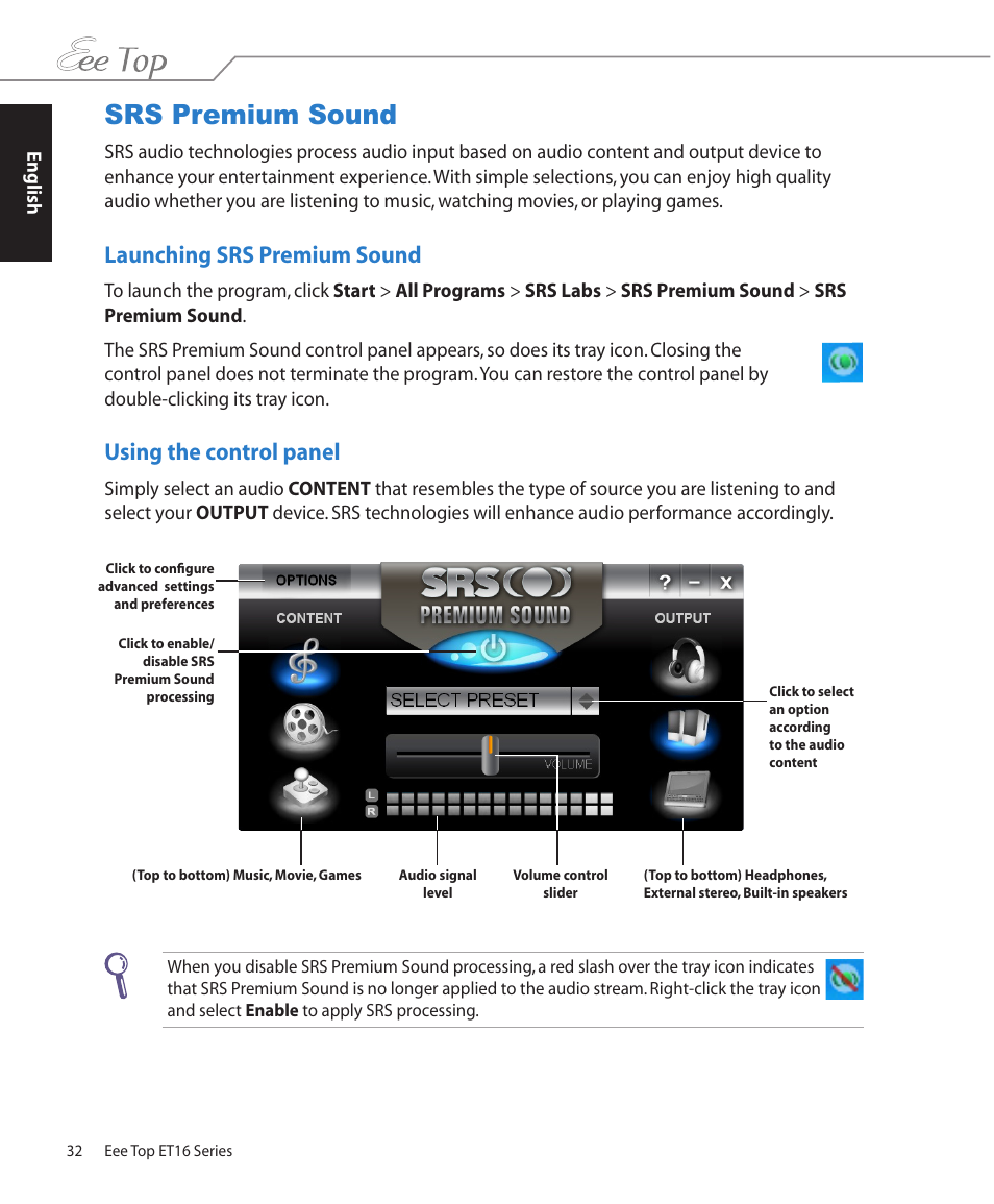 Srs premium sound, Launching srs premium sound, Using the control panel | Asus ET1602 User Manual | Page 32 / 34