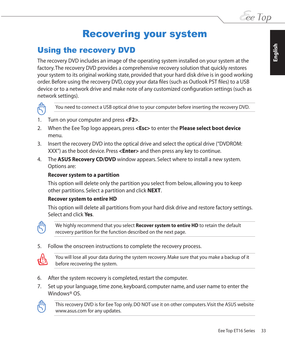 Recovering your system, Using the recovery dvd | Asus ET1602 User Manual | Page 33 / 34