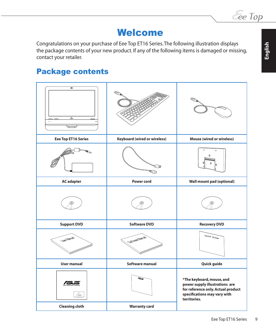 Welcome, Package contents, English | Asus ET1602 User Manual | Page 9 / 34