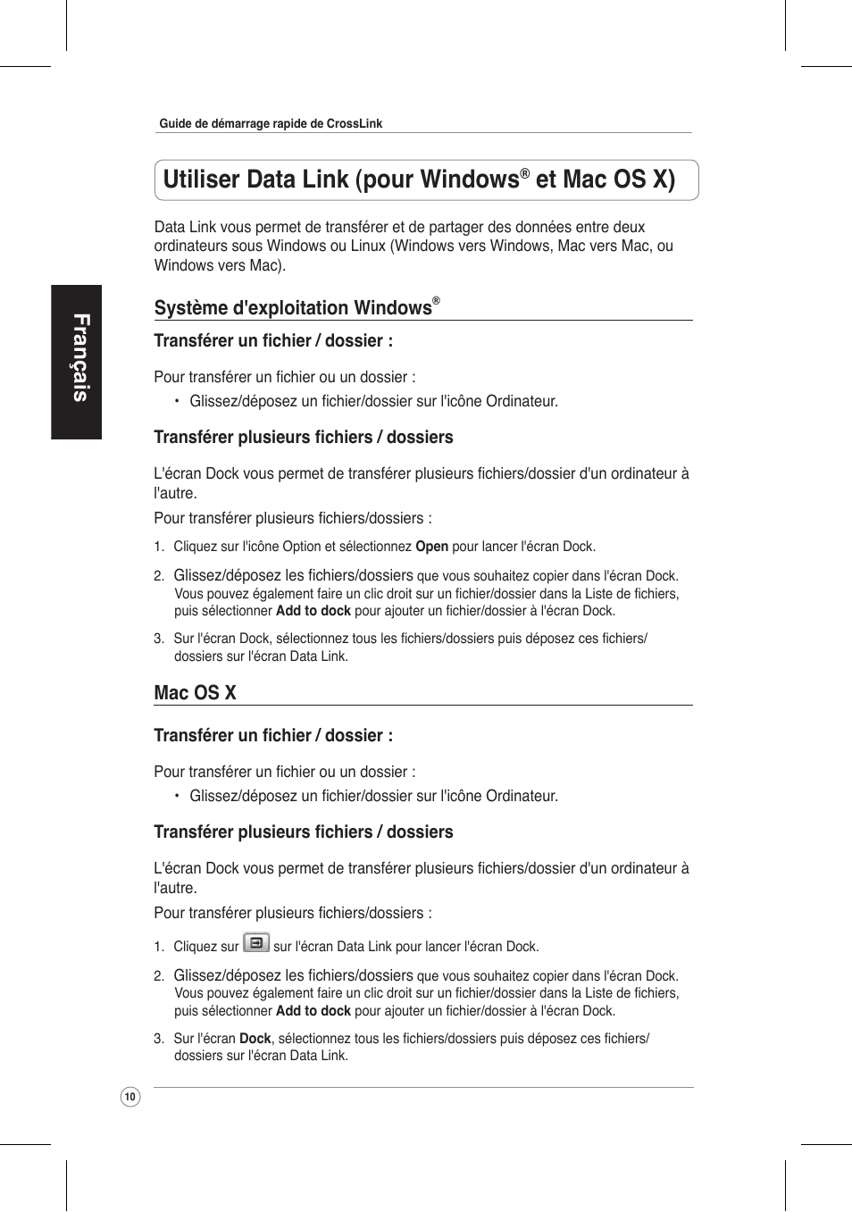 Utiliser data link (pour windows, Et mac os x), Français | Mac os x, Système d'exploitation windows | Asus CrossLink Plus User Manual | Page 10 / 92