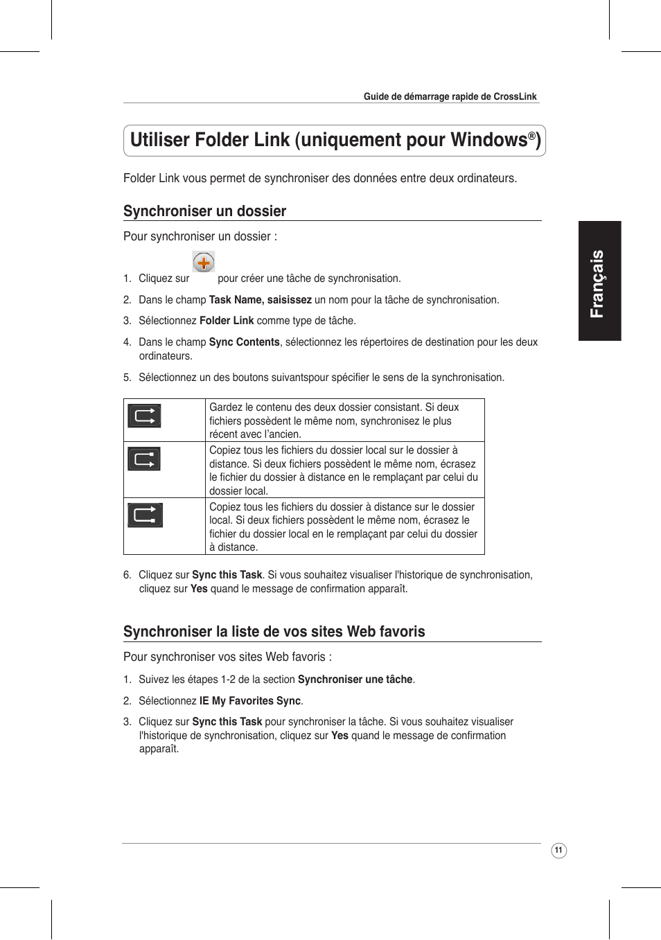 Utiliser folder link (uniquement pour windows, Français, Synchroniser la liste de vos sites web favoris | Synchroniser un dossier | Asus CrossLink Plus User Manual | Page 11 / 92