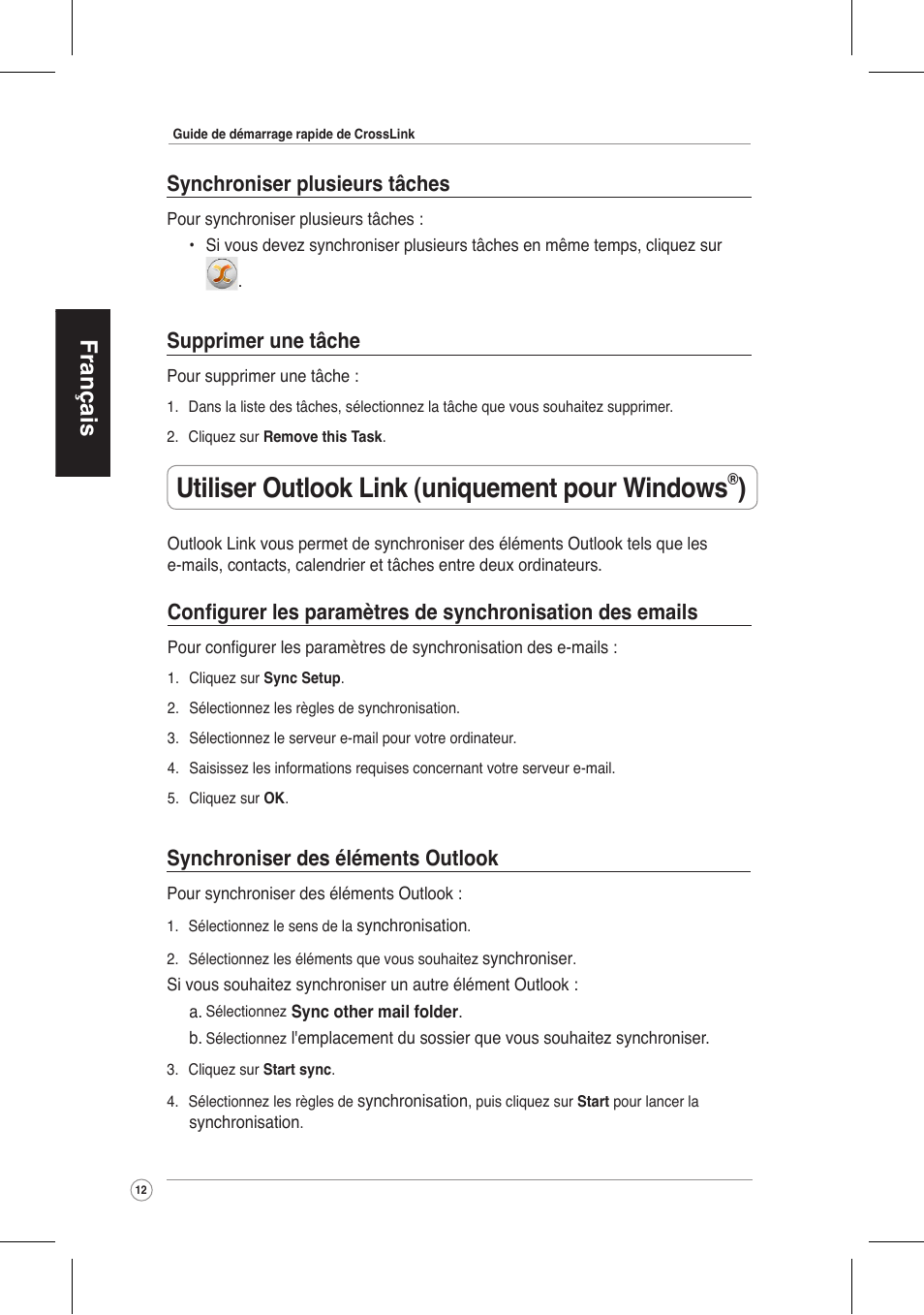 Utiliser outlook link (uniquement pour windows, Français, Synchroniser plusieurs tâches | Supprimer une tâche, Synchroniser des éléments outlook | Asus CrossLink Plus User Manual | Page 12 / 92