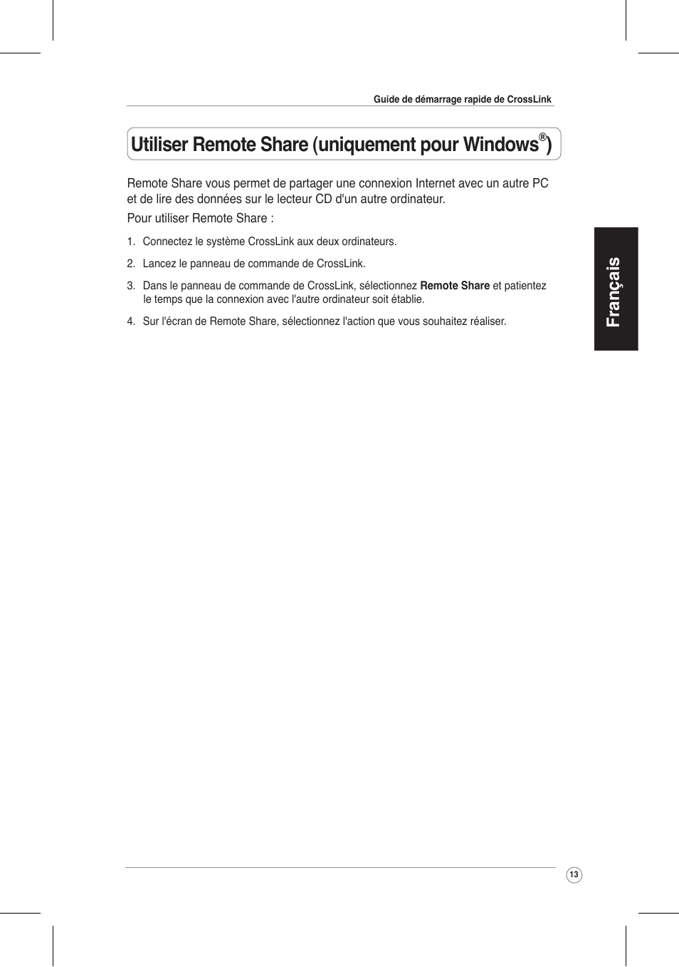 Utiliser remote share (uniquement pour windows, Français | Asus CrossLink Plus User Manual | Page 13 / 92