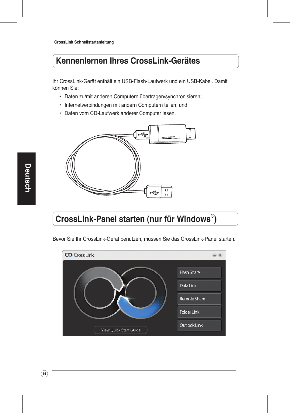 Kennenlernen ihres crosslink-gerätes, Crosslink-panel starten (nur für windows, Deutsch | Asus CrossLink Plus User Manual | Page 14 / 92