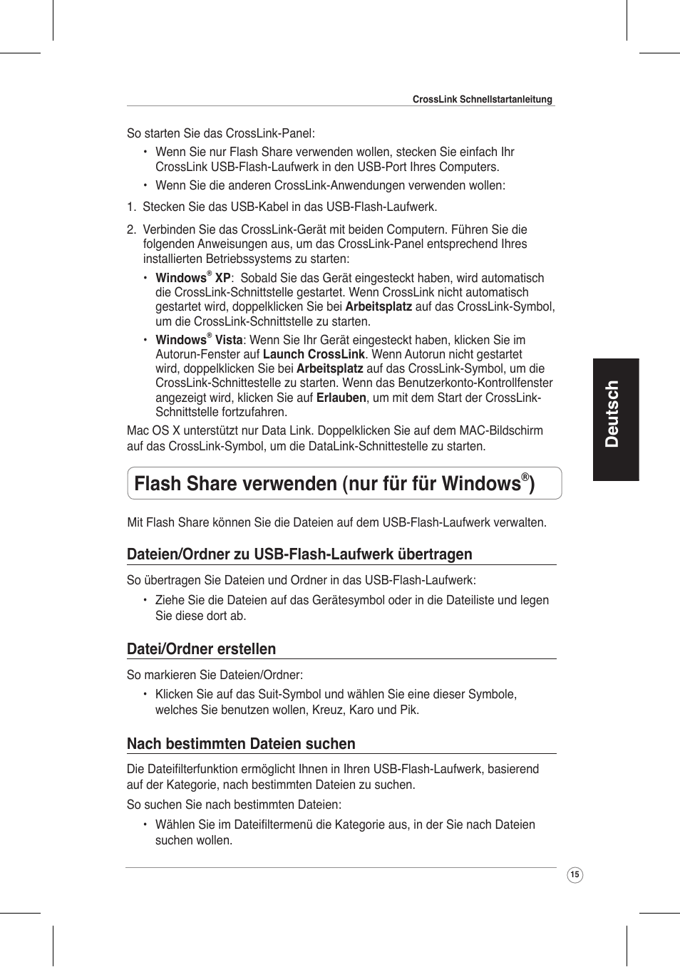 Flash share verwenden (nur für für windows, Deutsch, Dateien/ordner zu usb-flash-laufwerk übertragen | Datei/ordner erstellen, Nach bestimmten dateien suchen | Asus CrossLink Plus User Manual | Page 15 / 92